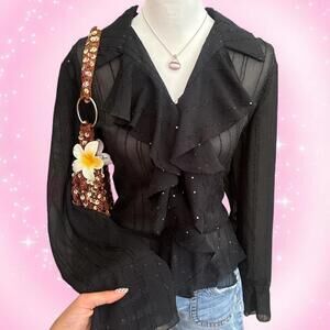 Black Ruffle V-Neck Blouse with Subtle Stripe Detail
